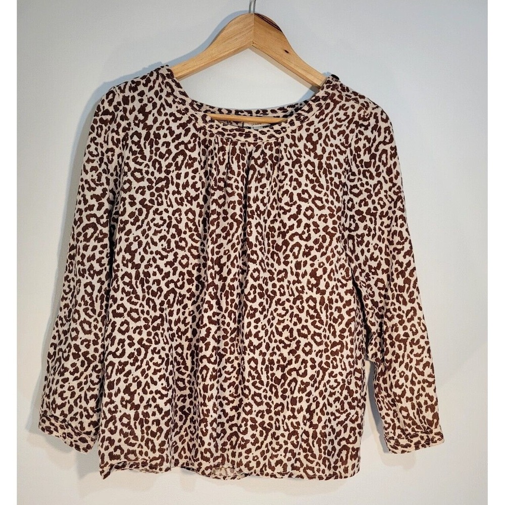 J Crew Women Leopard Animal Print 100% Linen Pleated Blouse Top Size 8